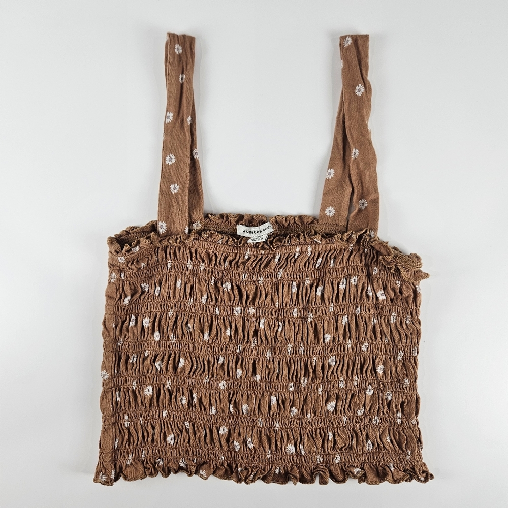 American Eagle Outfitters Brown Floral-Print Smocked Cropped Tank Small